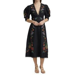 farm rio black embroidered dress Farm Rio Graphic-print Embroidered Dress